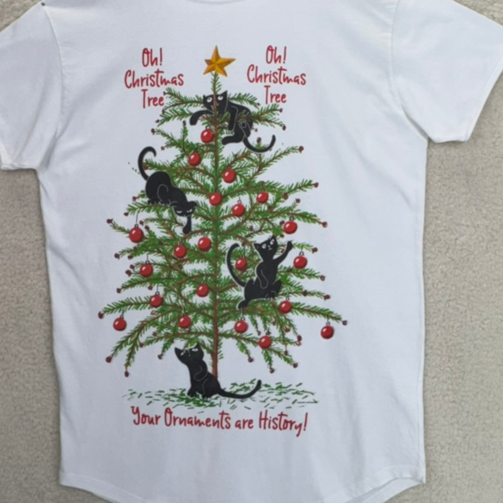 Relevant T-Shirt Women One Size White Short Sleeve Oh Christmas Tree Cats Cotton - Picture 7 of 9
